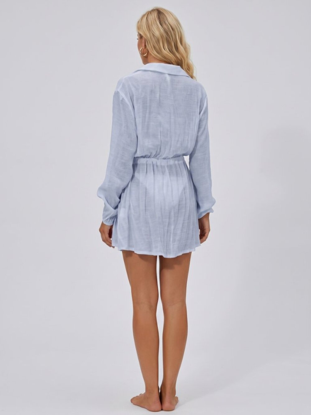Women's Blue Beach Cover Up Shirt Dress Tie Waist Long Sleeve Resort Tunic - Picture 2 of 6